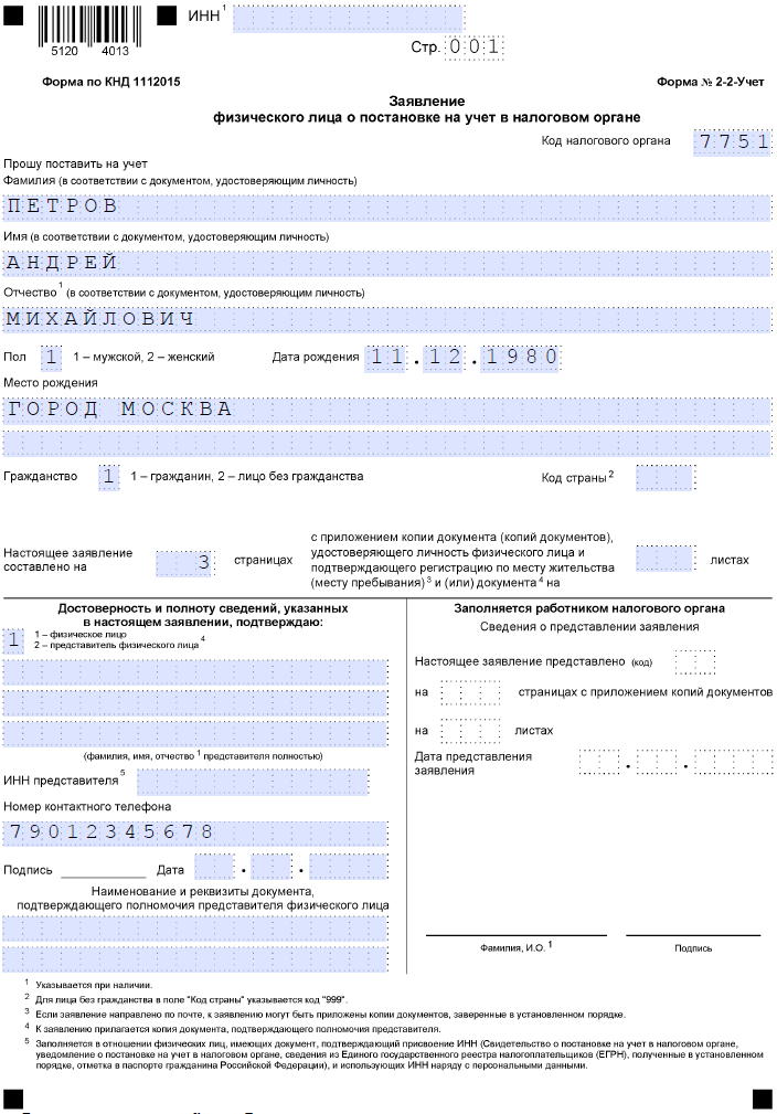 Образец заявления на получение инн образец заполнения